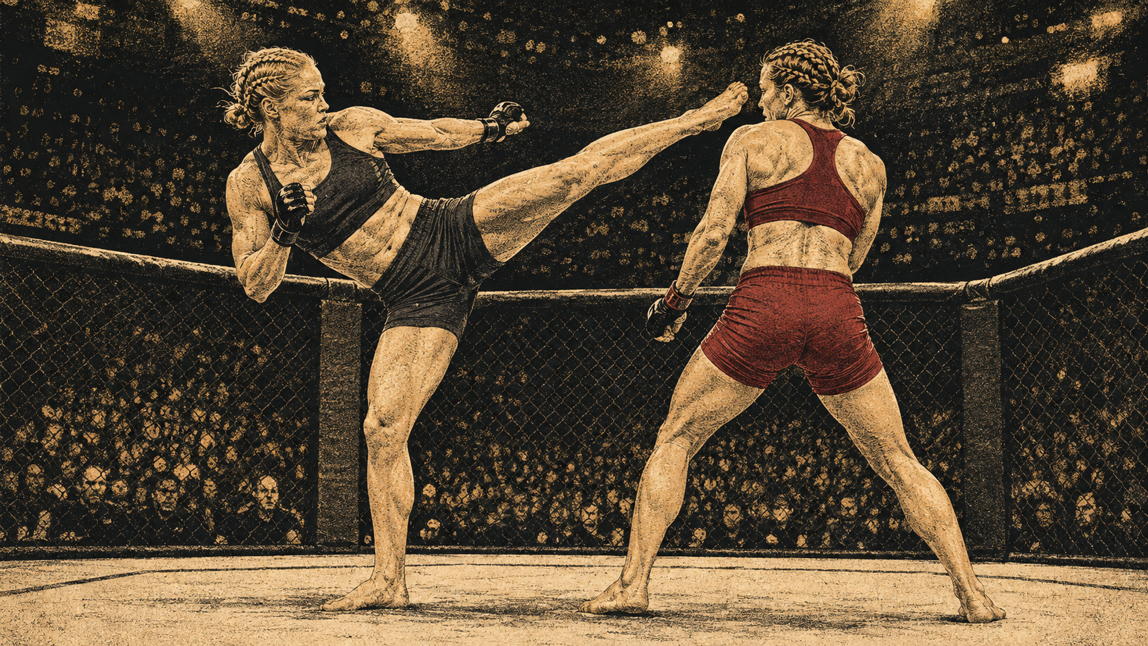 Original editorial illustration of two white female MMA fighters during a controlled high-kick exchange in a 2015-era arena