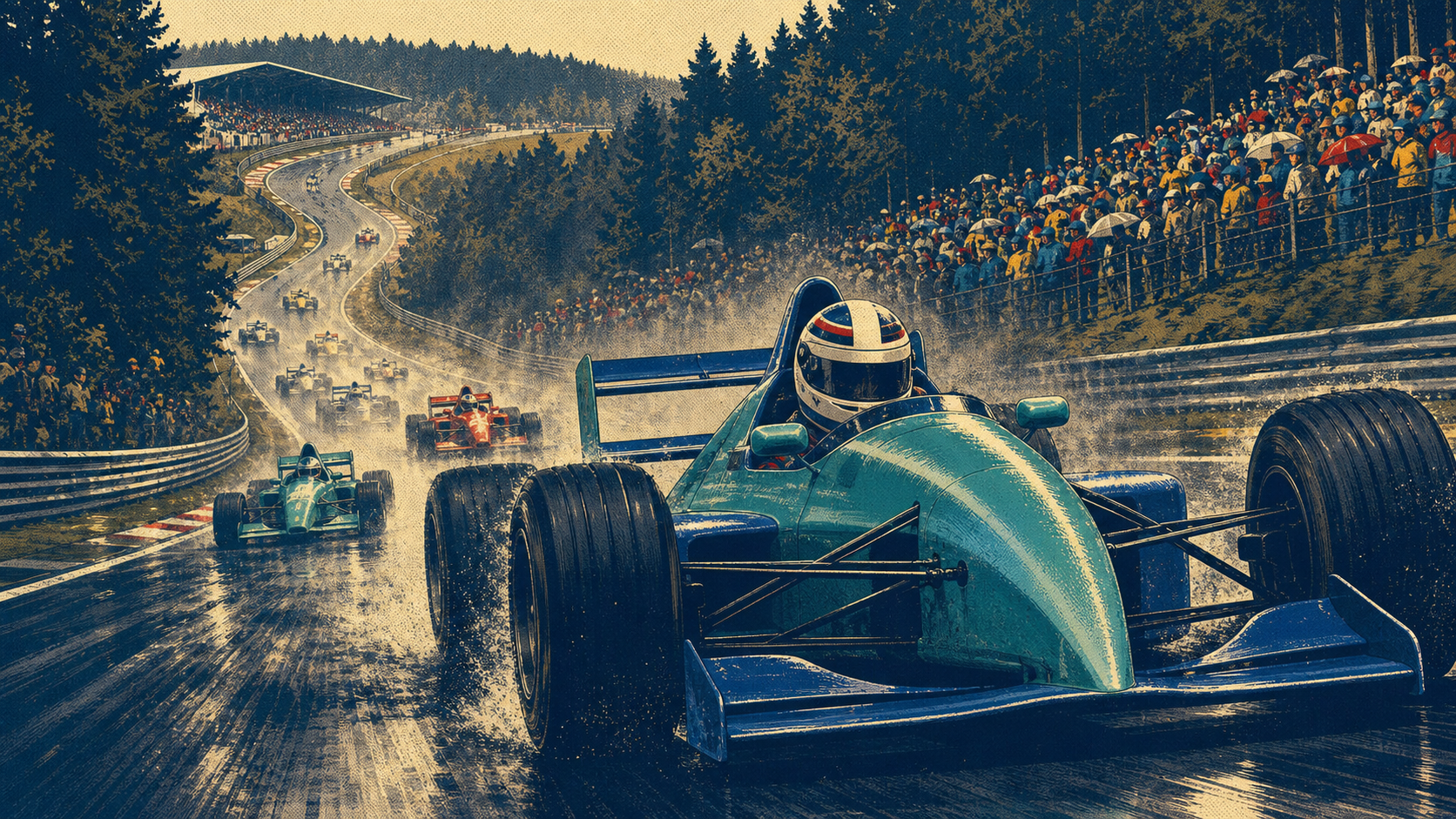 Original illustration of a helmeted white German driver charging through a wet field in a 1995-era open-wheel car