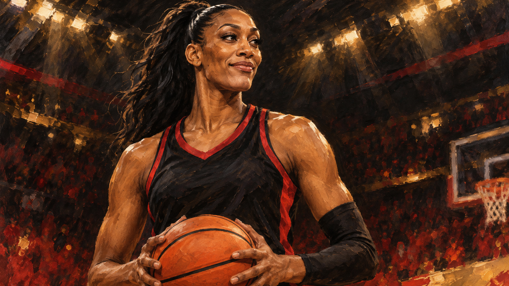 Original painted editorial caricature of A’ja Wilson holding a basketball in an indoor arena
