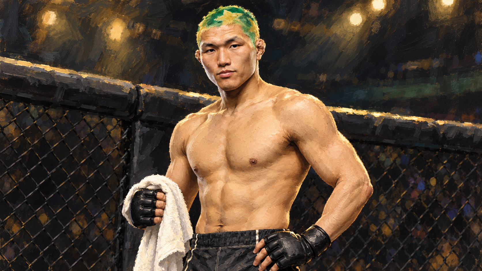 Hand-painted portrait of Kota Abe with his current green and blond buzzcut, wearing generic MMA shorts and gloves beside a cage.