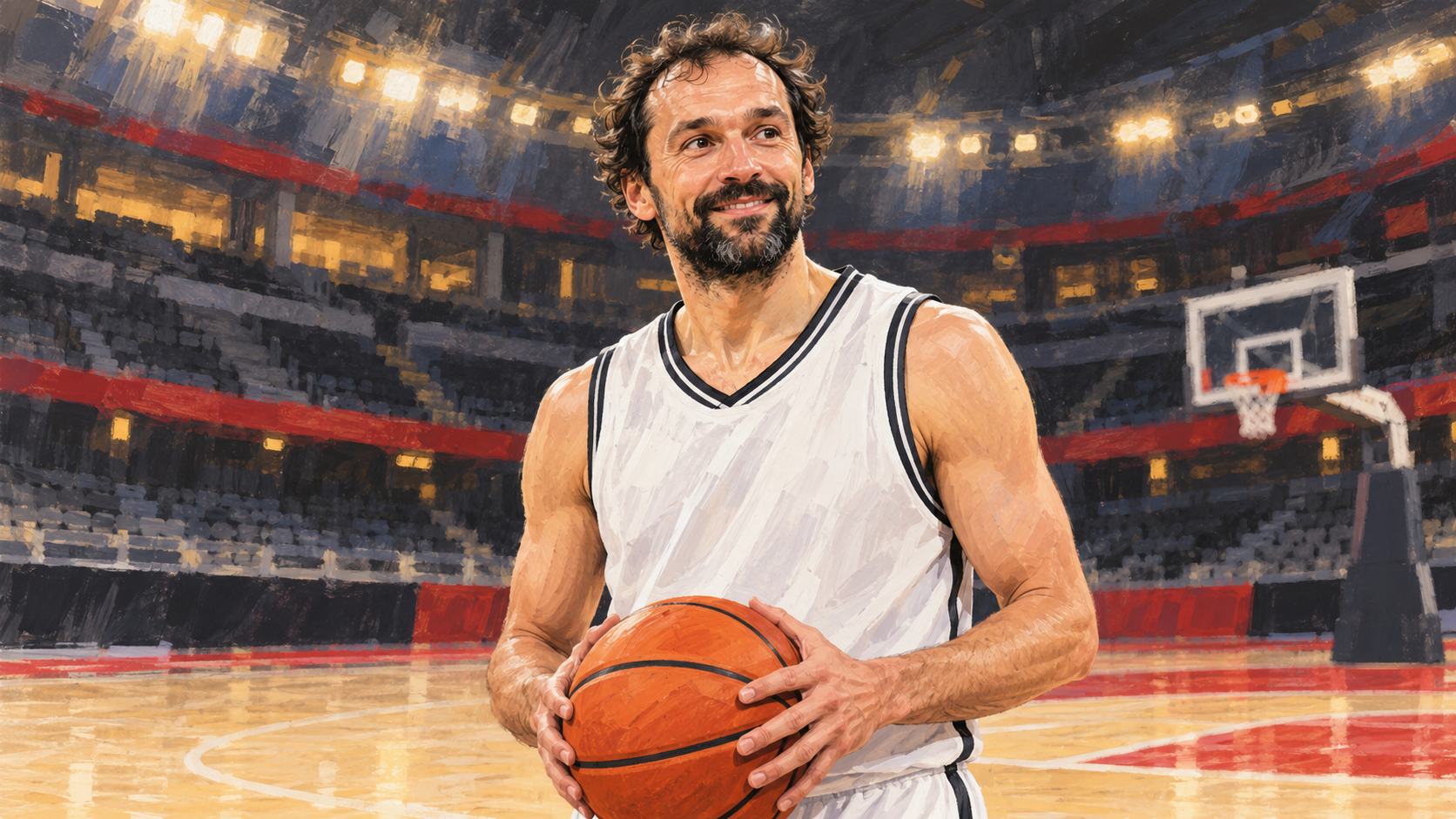 Hand-painted Sergio Llull, aged 38, holding a basketball in a plain white jersey inside a generic arena.