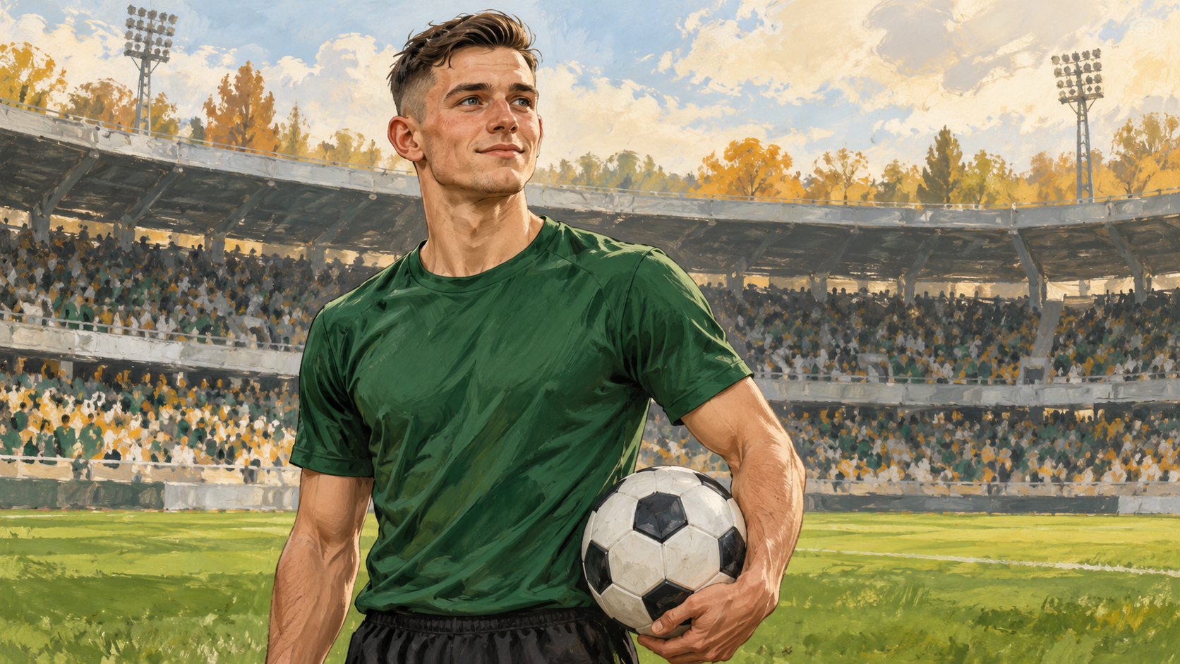 Hand-painted portrait of Ukrainian striker Ihor Krasnopir, aged 23, in a plain green football shirt holding an unbranded ball.