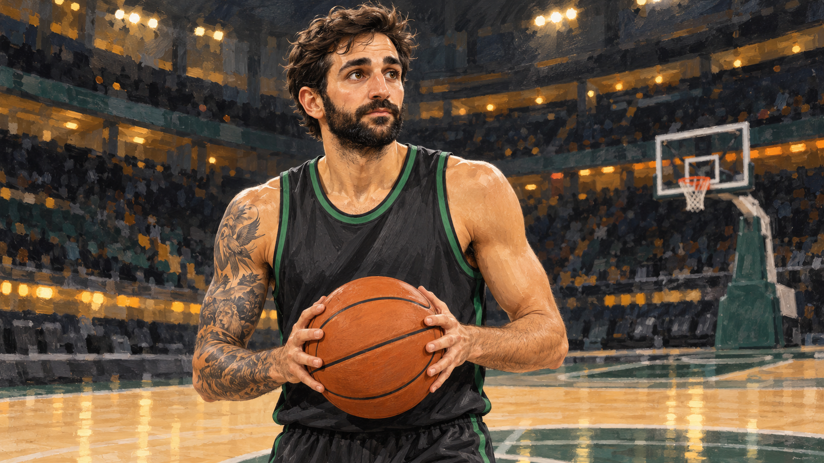 Hand-painted Ricky Rubio with short dark hair, a dark beard and right-arm tattoos, holding an unbranded basketball in a plain dark jersey.