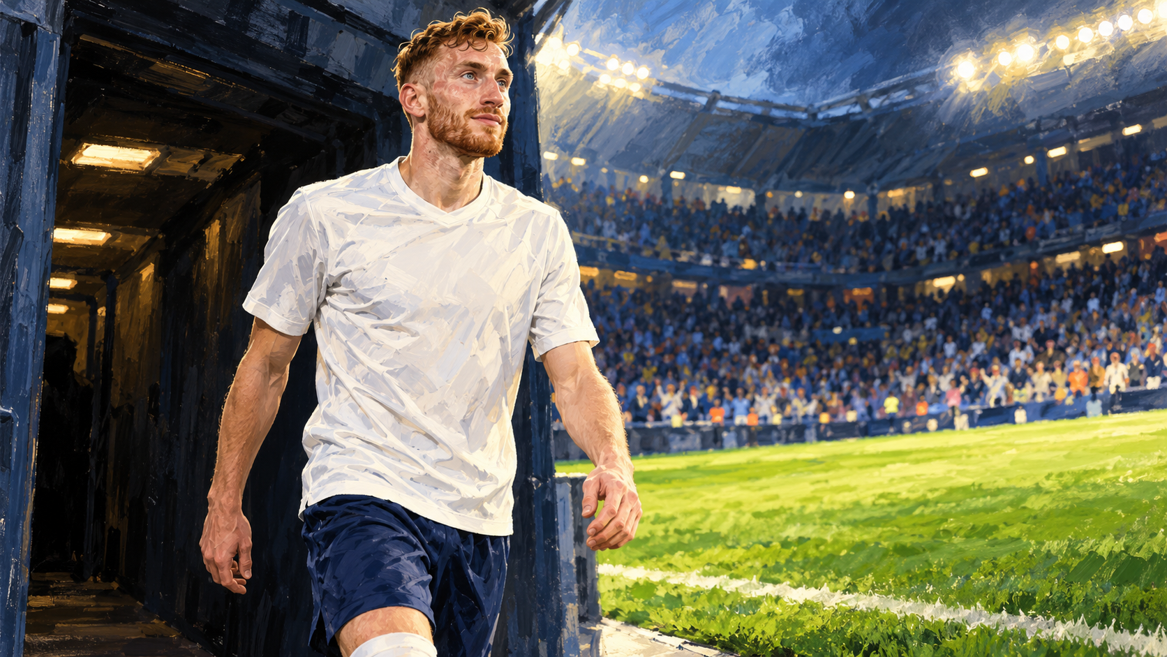 Original painted illustration of ginger-haired Dejan Kulusevski stepping onto a floodlit football pitch in a plain white shirt.