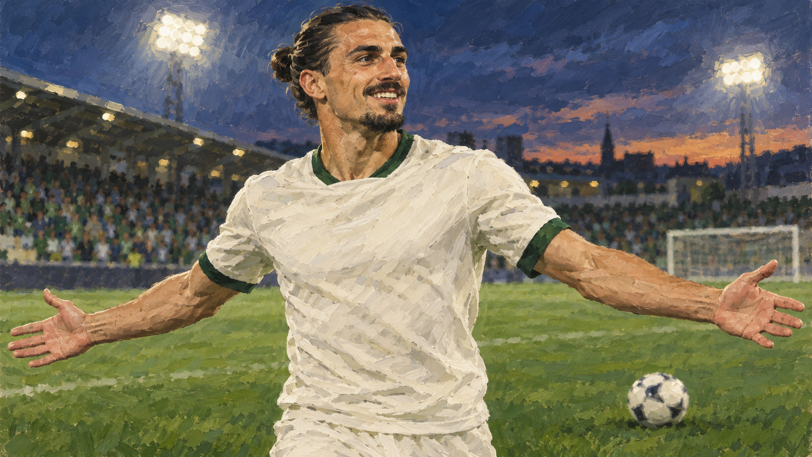 Original hand-painted editorial caricature of Ciaron Brown celebrating in generic off-white and green football clothing