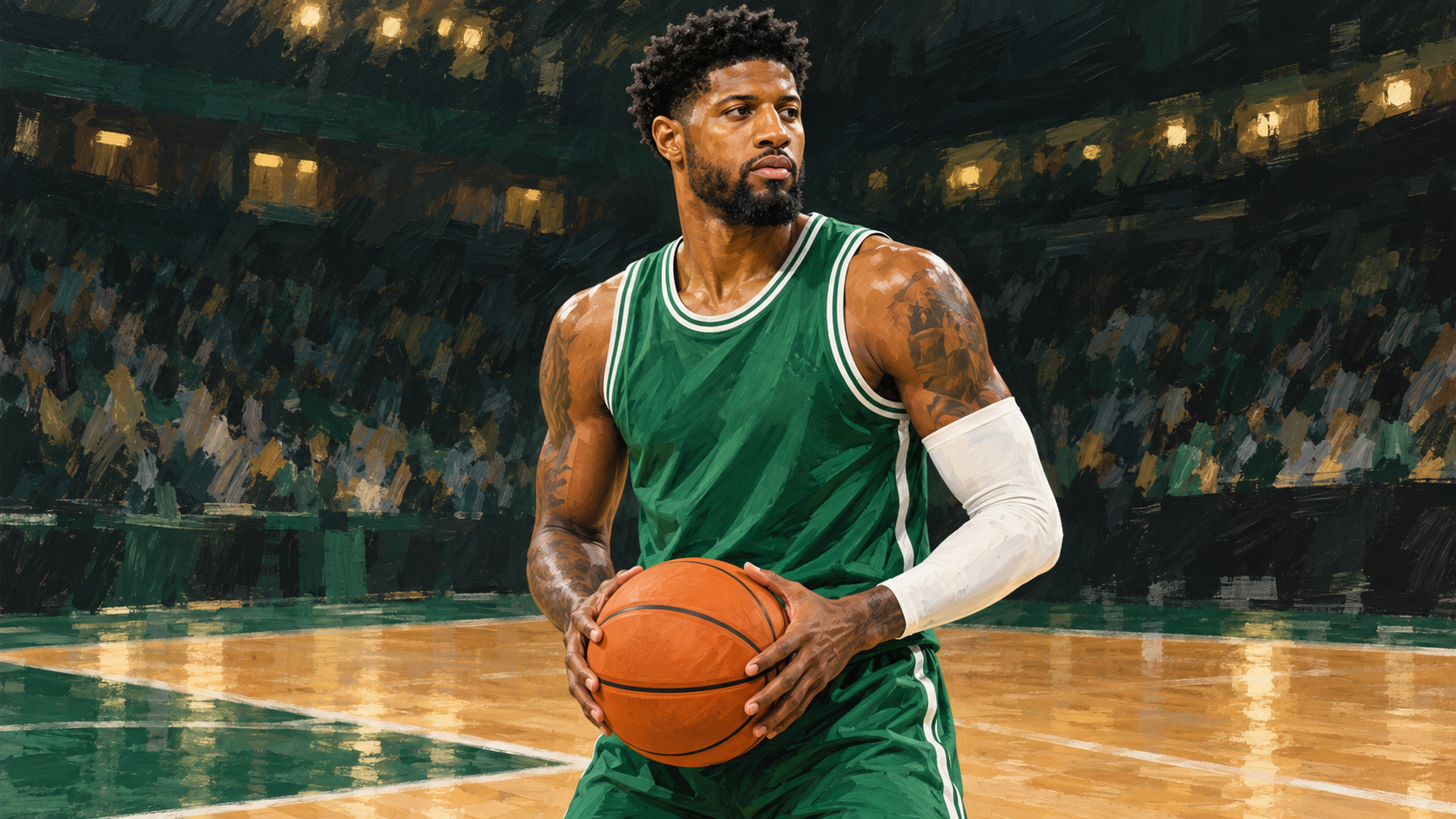 Original painted portrait of Paul George holding an unbranded basketball in a plain green uniform, with a white sleeve on his left arm.