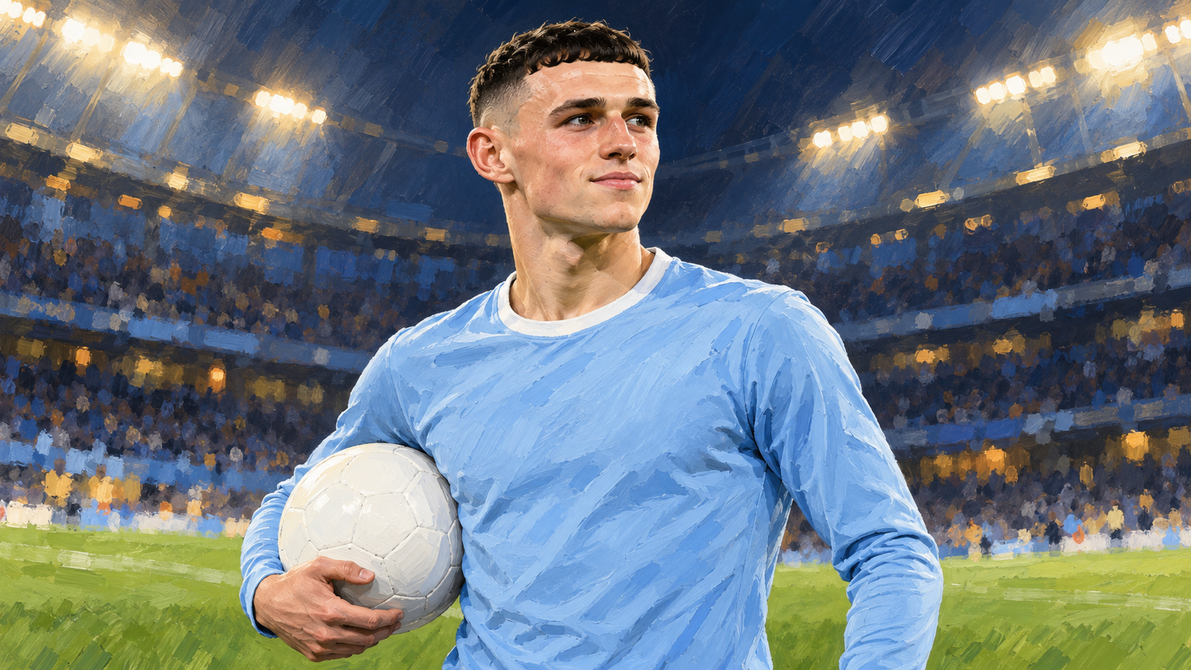 Original painted portrait of Phil Foden holding an unbranded white football in a plain sky-blue long-sleeved shirt.