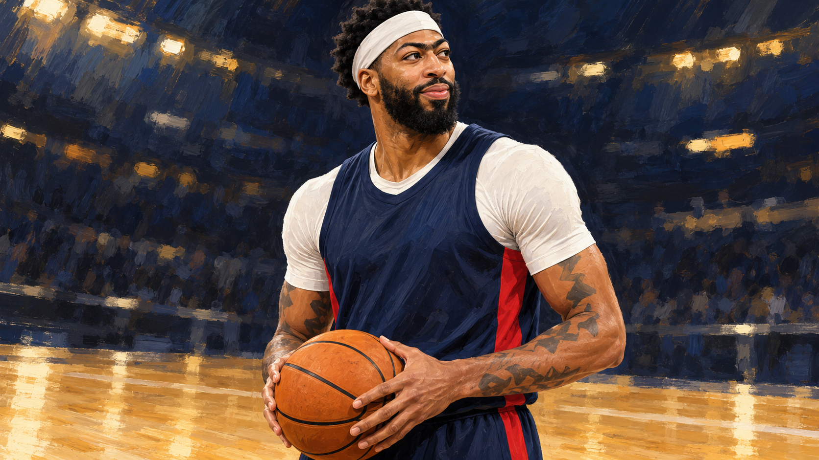 Original painted portrait of Anthony Davis with a white headband and plain navy basketball kit, holding an unbranded orange ball.
