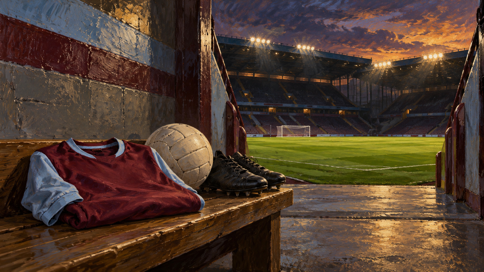 Original painted football scene with a plain claret and light-blue shirt, unbranded boots and a ball beside a stadium tunnel.