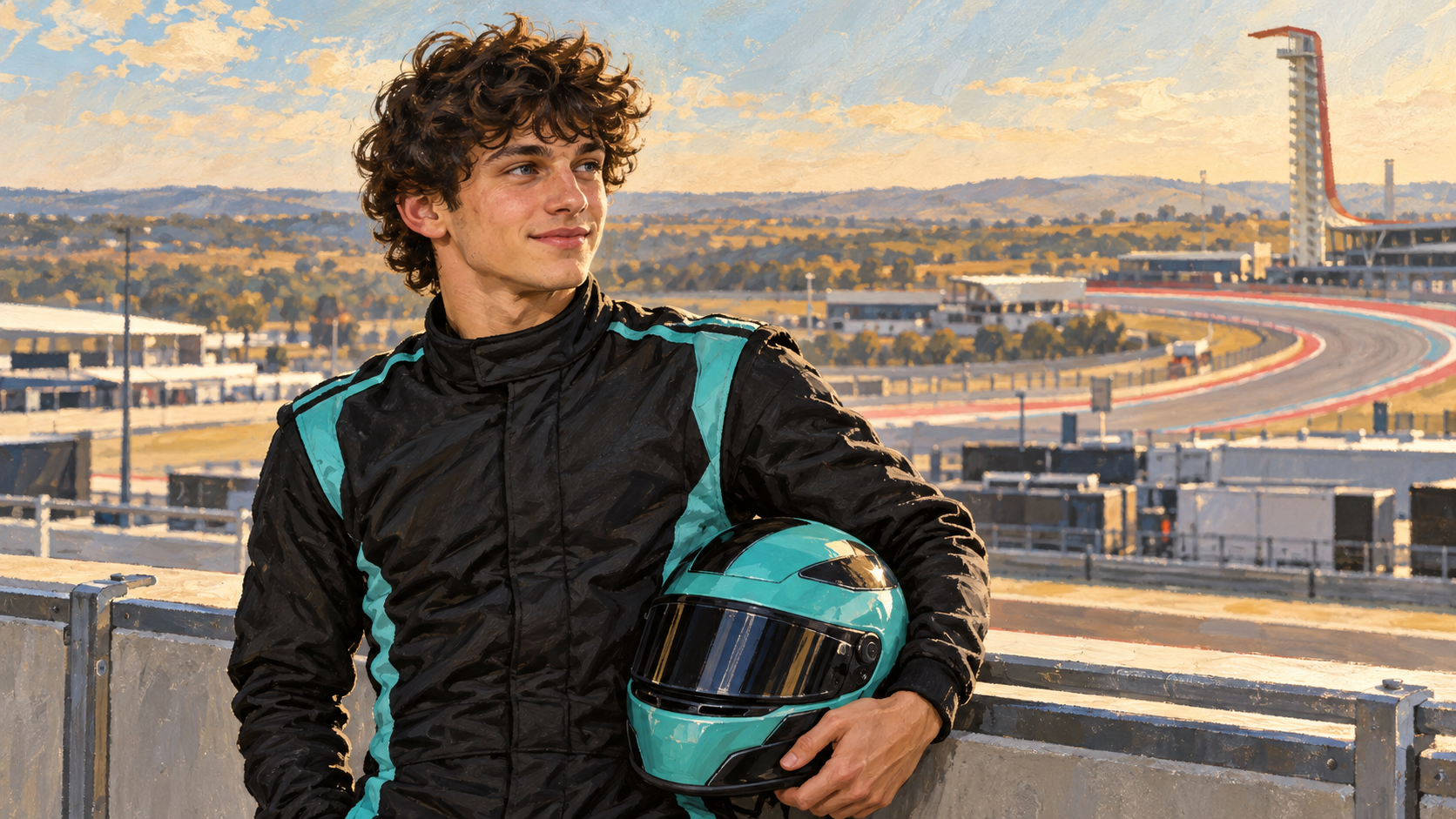 Original hand-painted portrait of Kimi Antonelli with dark curly hair in a blank black and turquoise racing suit, holding a generic helmet beside an Austin-style circuit.
