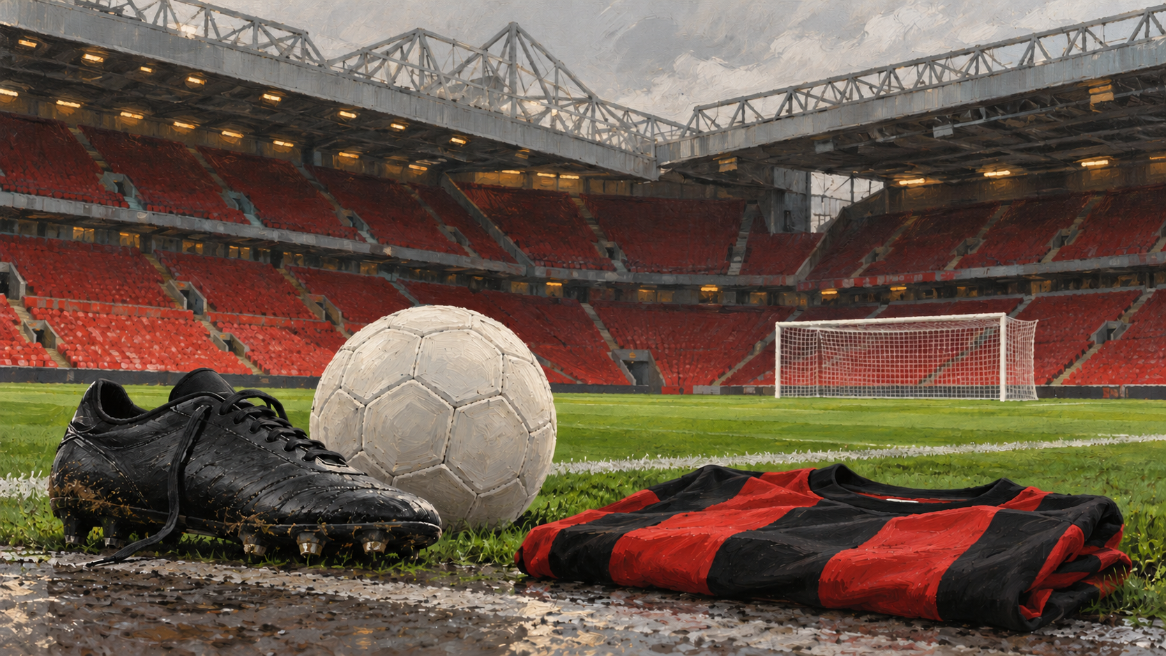 Original painted people-free still life of a blank red-and-black football shirt, plain black boots and an unbranded white ball beside a generic stadium pitch.