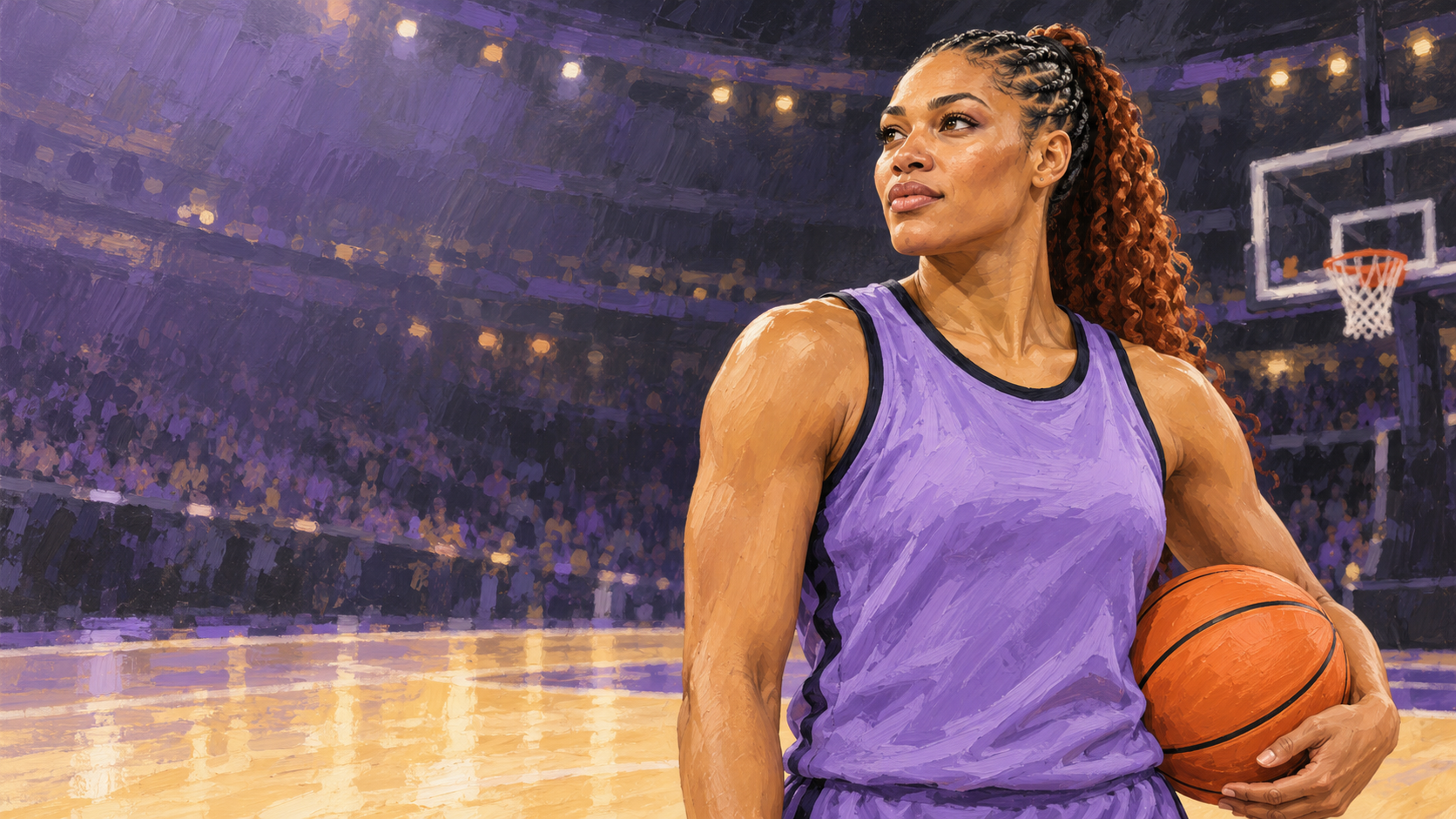 Original painted portrait of Kiah Stokes with warm tan-brown skin and a copper-auburn braided ponytail, holding a basketball in a plain lavender uniform.