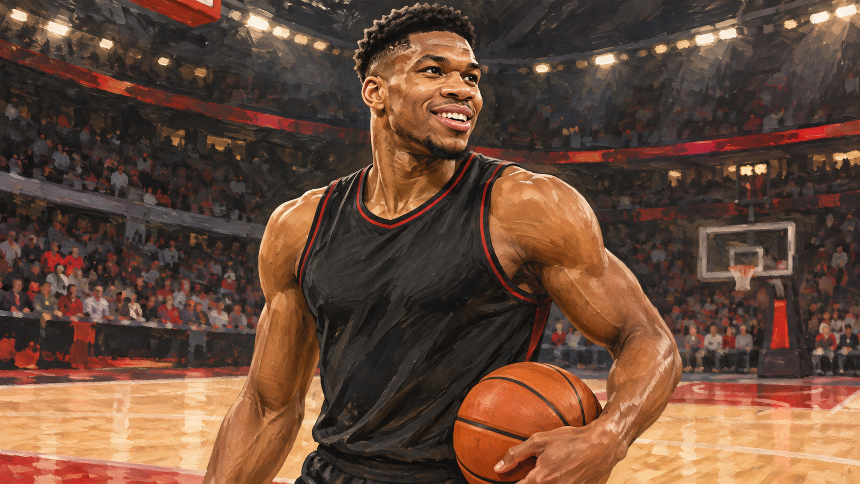 Hand-painted illustration of Giannis Antetokounmpo holding a basketball in a plain charcoal and red uniform.