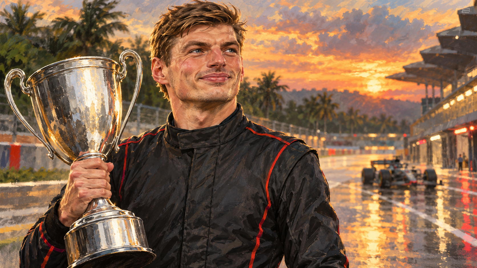 Hand-painted editorial illustration of Max Verstappen holding a plain silver trophy beside a tropical racing pit lane.