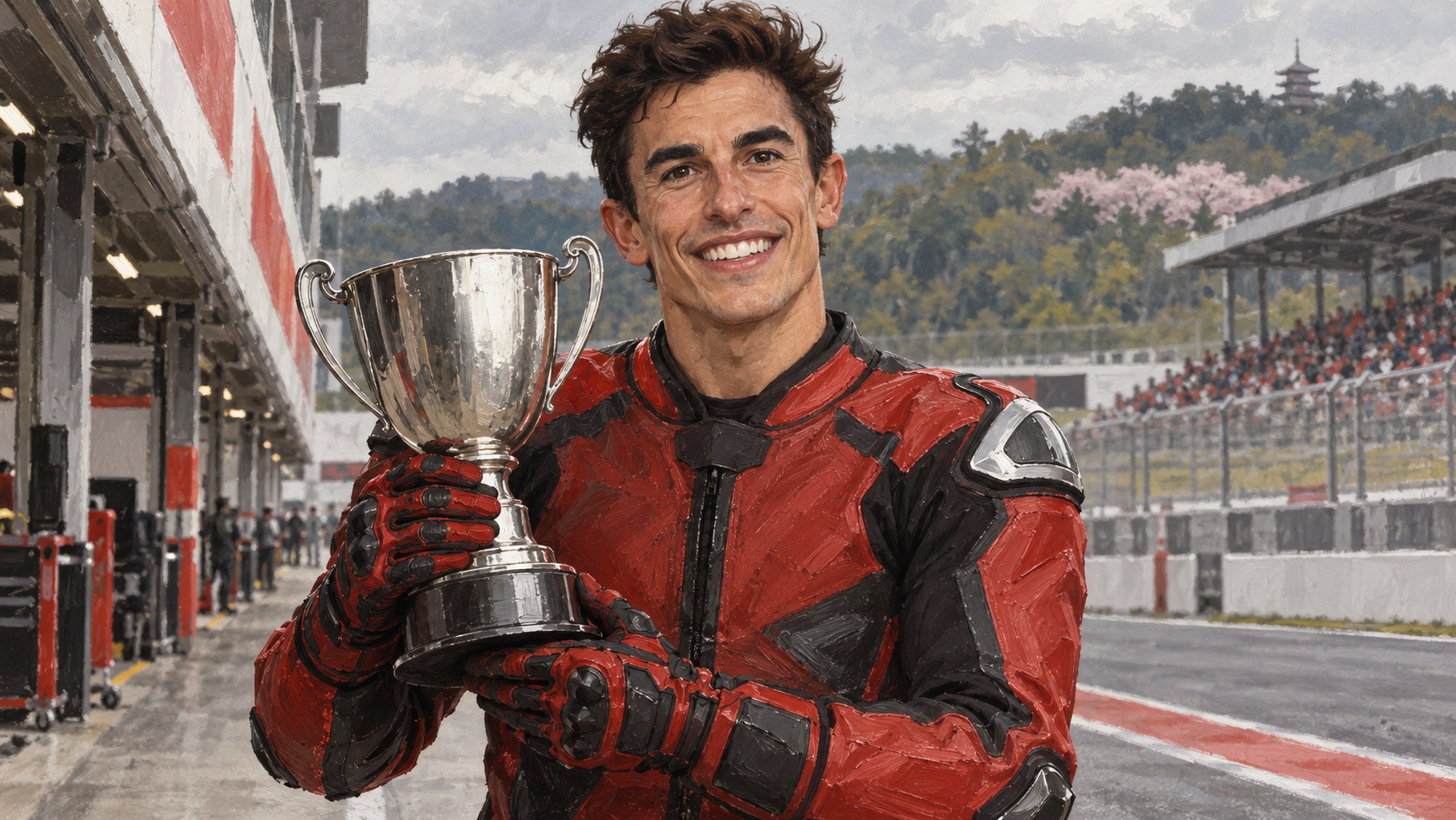 Hand-painted editorial illustration of Marc Márquez holding a plain silver trophy in a Japanese racing pit lane.