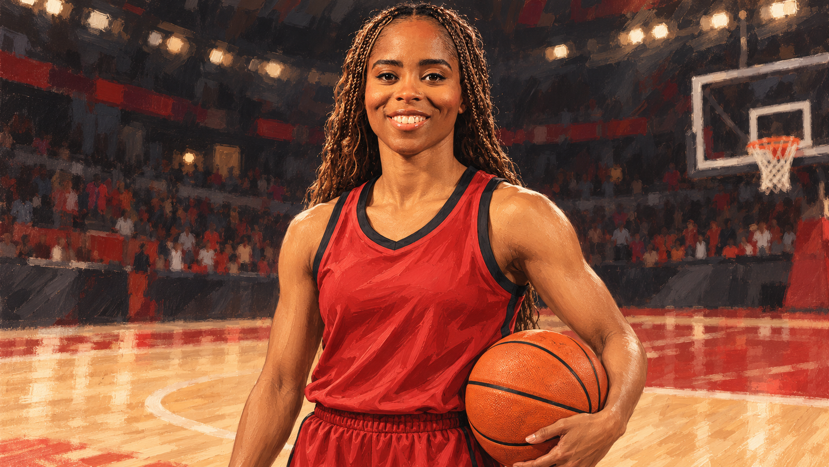 Hand-painted editorial portrait of Jordin Canada holding a basketball in a plain red uniform on an indoor court.