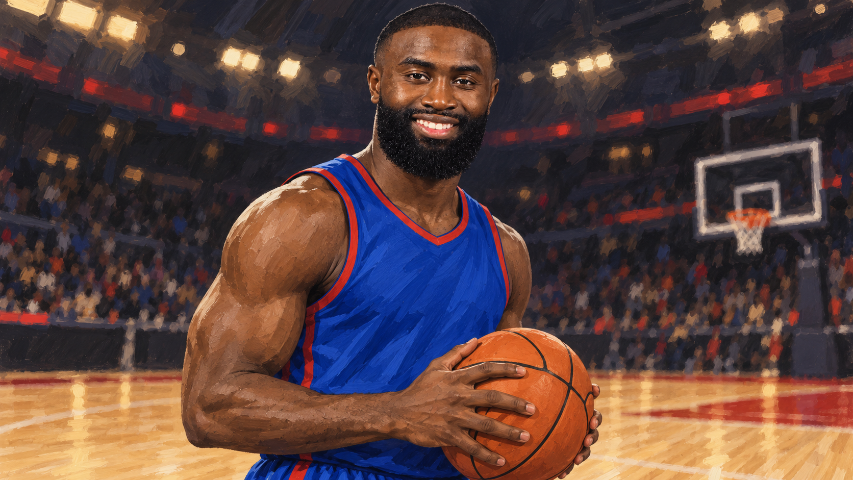 Hand-painted editorial portrait of Jaylen Brown with short black hair and a full beard holding a basketball in a plain blue uniform.