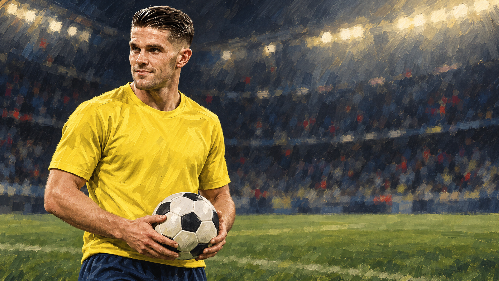 Hand-painted editorial portrait of Viktor Gyökeres in a plain yellow football shirt holding a generic football.