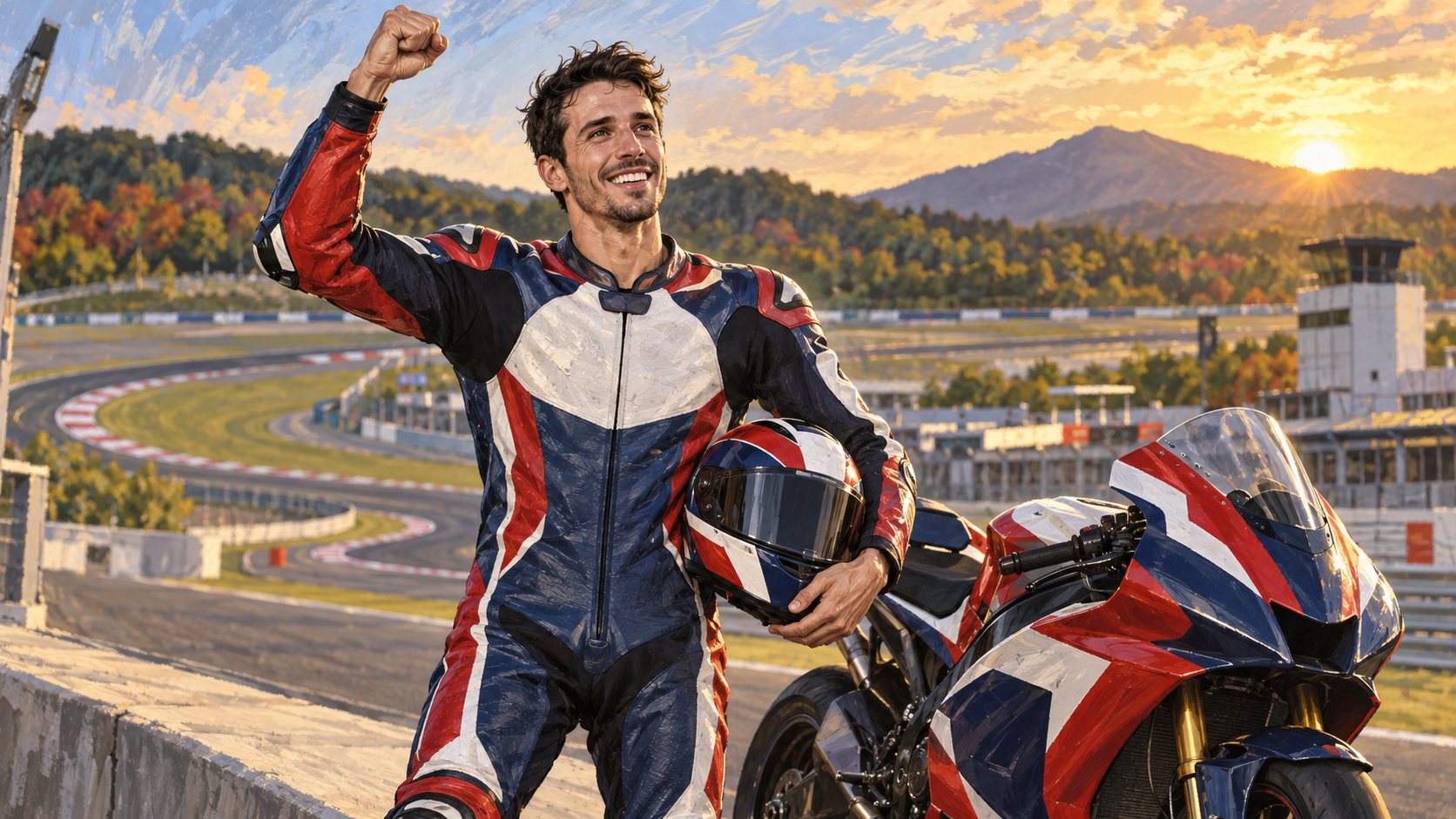 Hand-painted editorial illustration of Álex Márquez beside a generic MotoGP racing motorcycle at Motegi